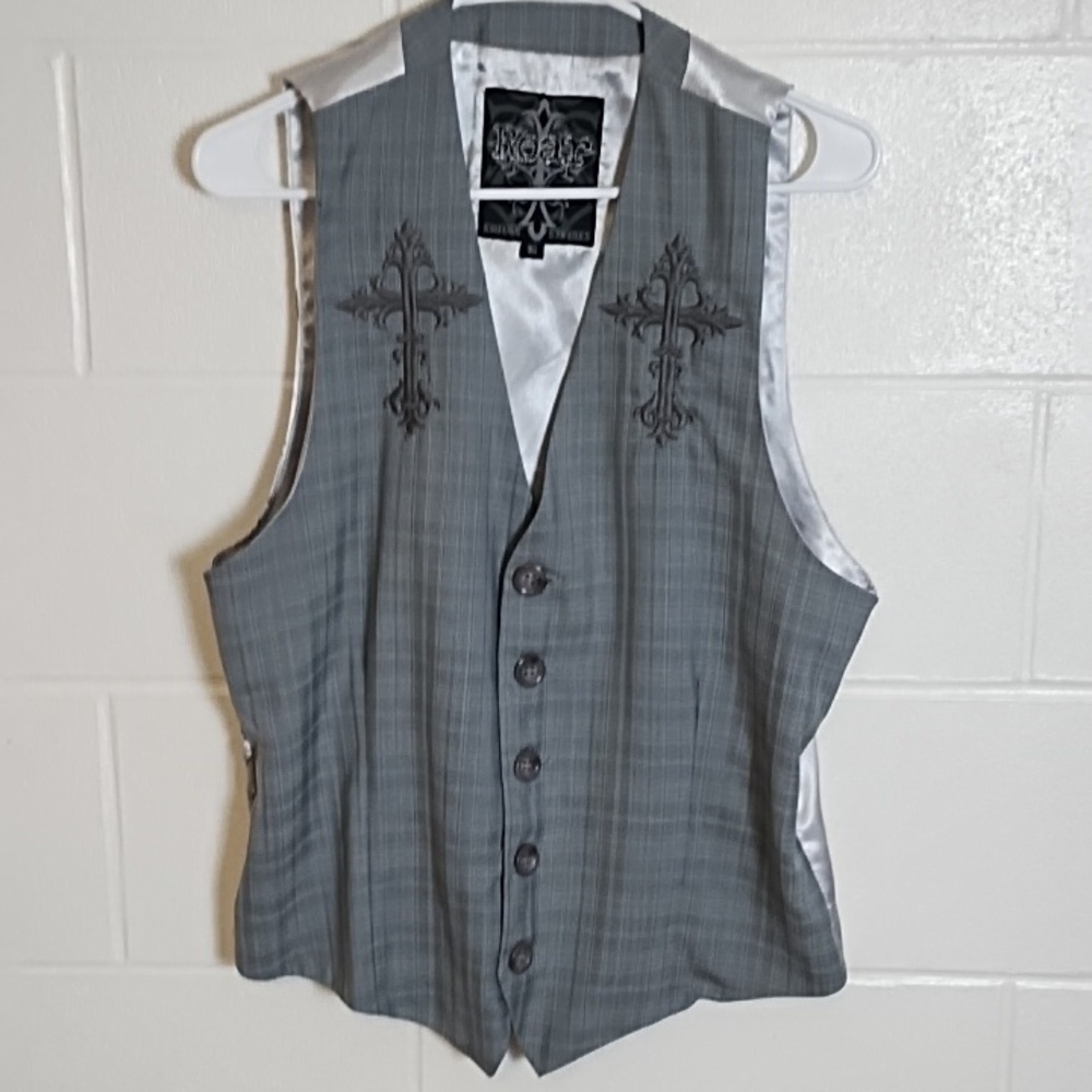 Roar Grey Plaid Satin Back Embroidered Vest Adjustable Back